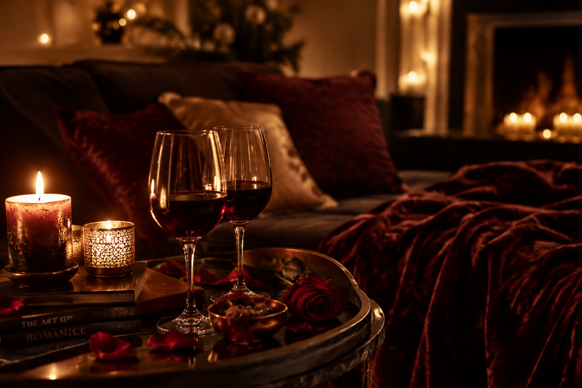 Soirée romantique en couple à la maison, bougies et verres de vin – Lova Lab