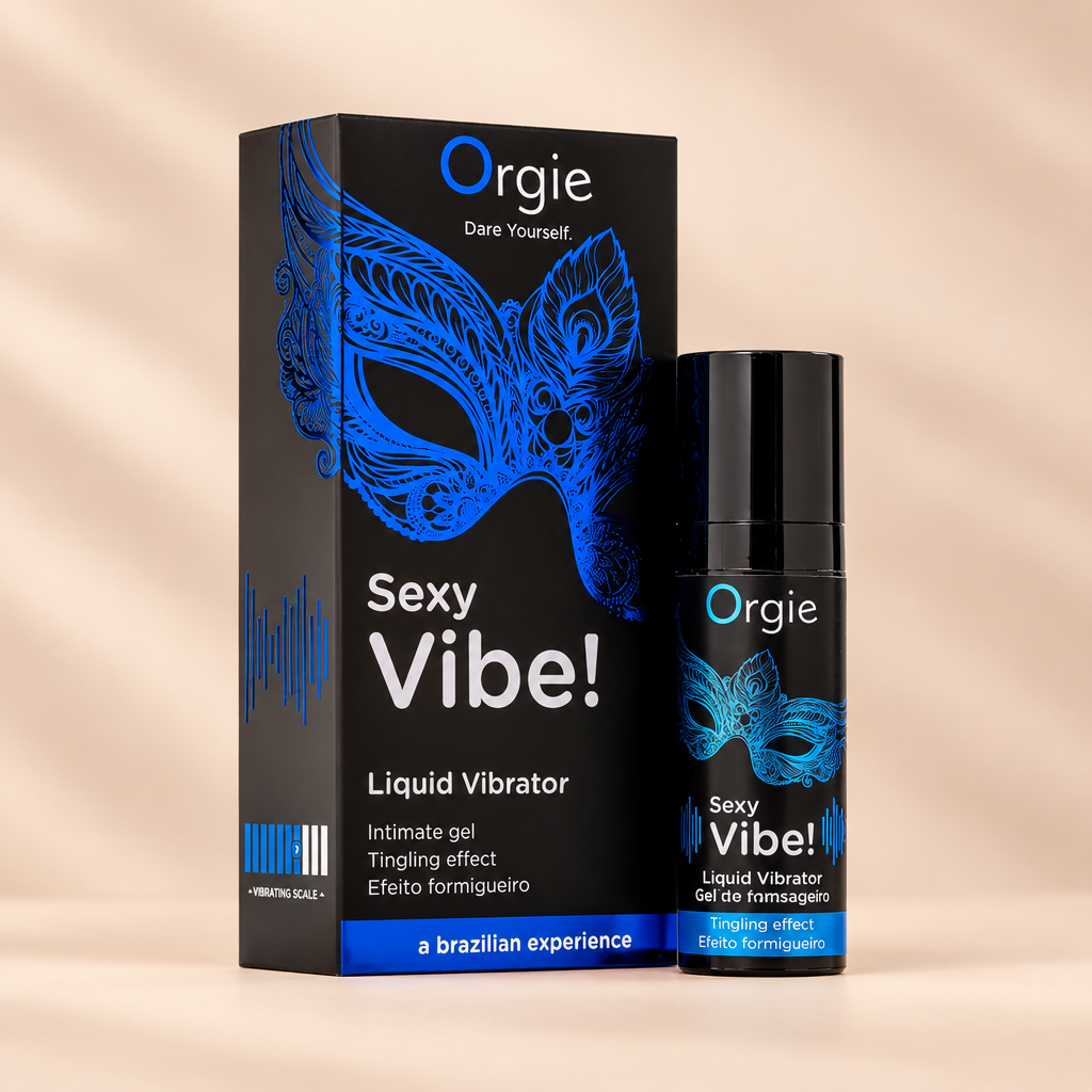 Gel d’excitation Orgie Sexy Vibe 15 ml avec sa boîte, sur fond crème