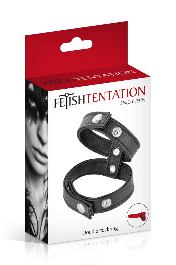 Boîte Fetish Tentation présentant le double cockring ajustable noir aspect cuir
