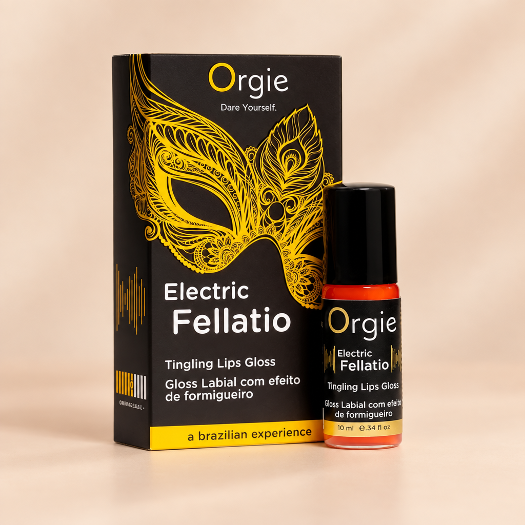 Gloss stimulant Orgie Electric Fellatio 10 ml avec sa boîte, sur fond crème