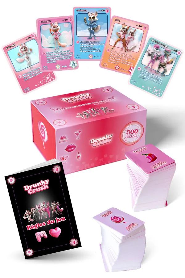 Jeu de cartes Drunky Crush pour couple : boîte, cartes illustrées et livret de règles