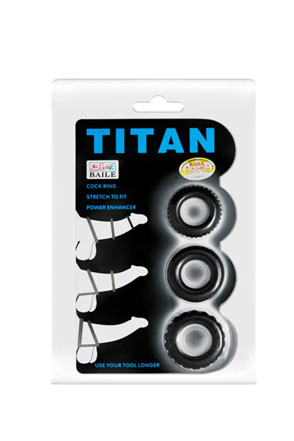 Emballage du lot Titan Baile contenant trois anneaux péniens noirs