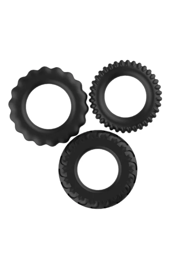 Trois cockrings noirs Titan Baile en silicone aux textures différentes