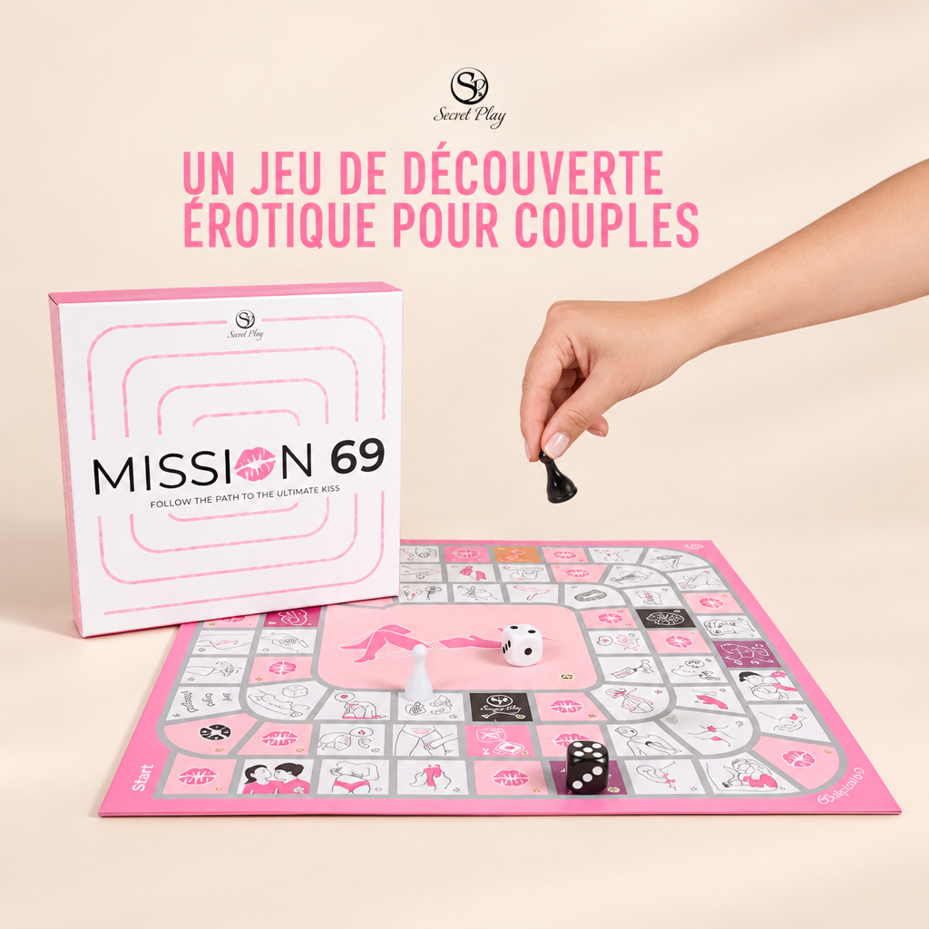 Plateau de jeu illustré Mission 69, un jeu de découverte érotique pour couples, sur fond crème