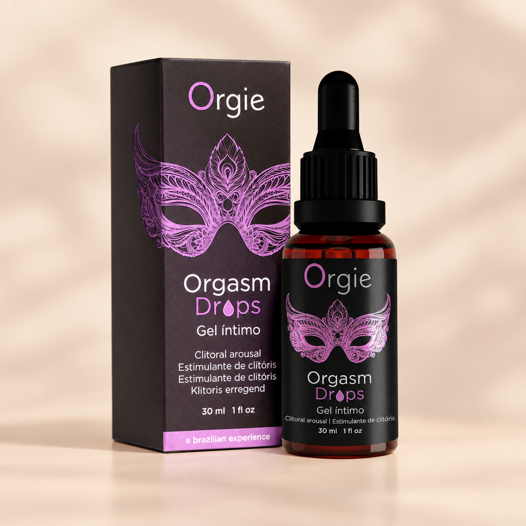 Stimulant clitoridien Orgie Orgasm Drops 30 ml avec sa boîte, sur fond crème