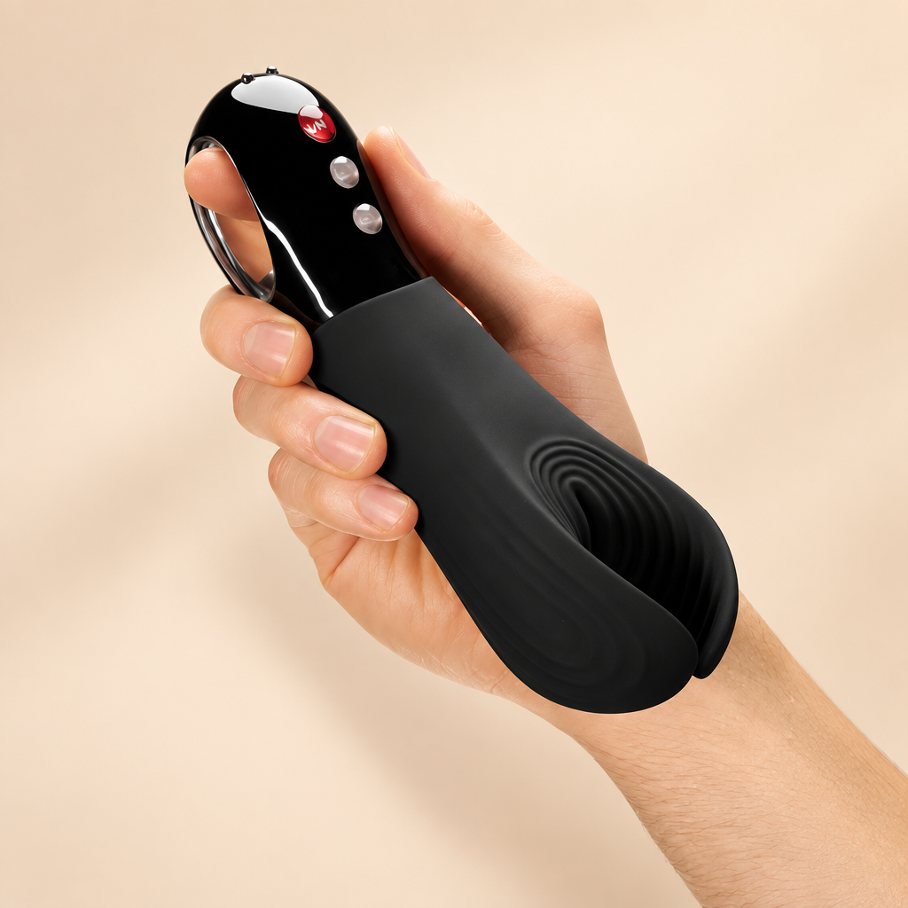 Manta Fun Factory tenu en main par sa poignée ergonomique, fond crème