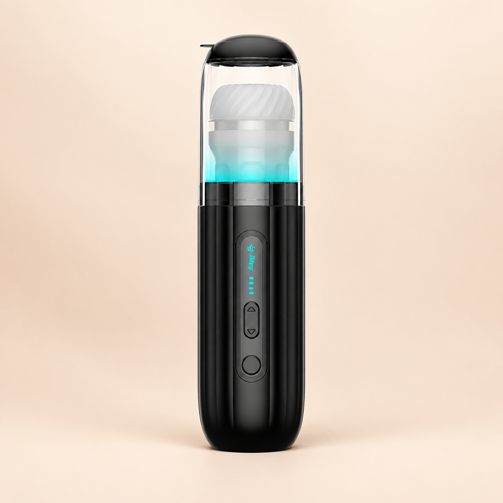 Masturbateur automatique Shockwave Kaotik Labs noir avec lumière LED sur fond crème