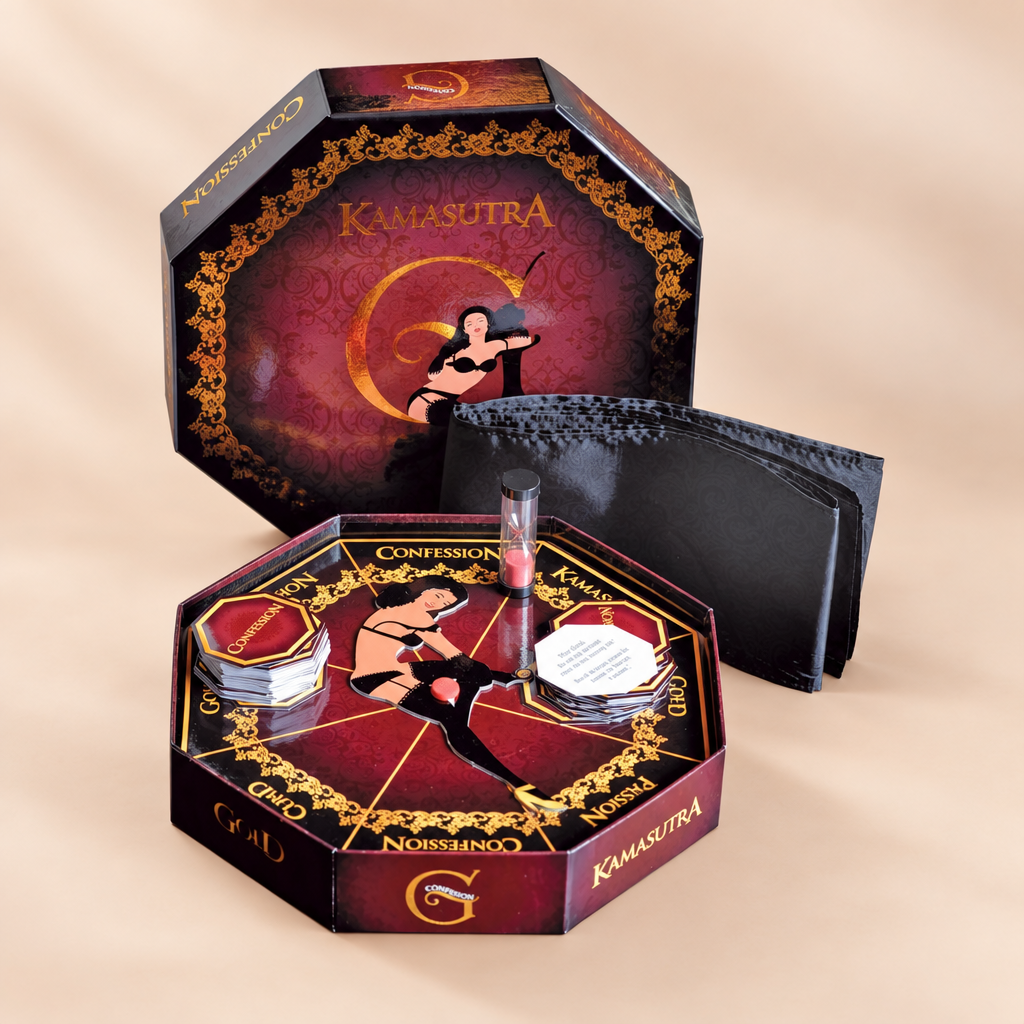 Coffret octogonal Kamasutra Erotic Game avec plateau, cartes et sablier, sur fond crème