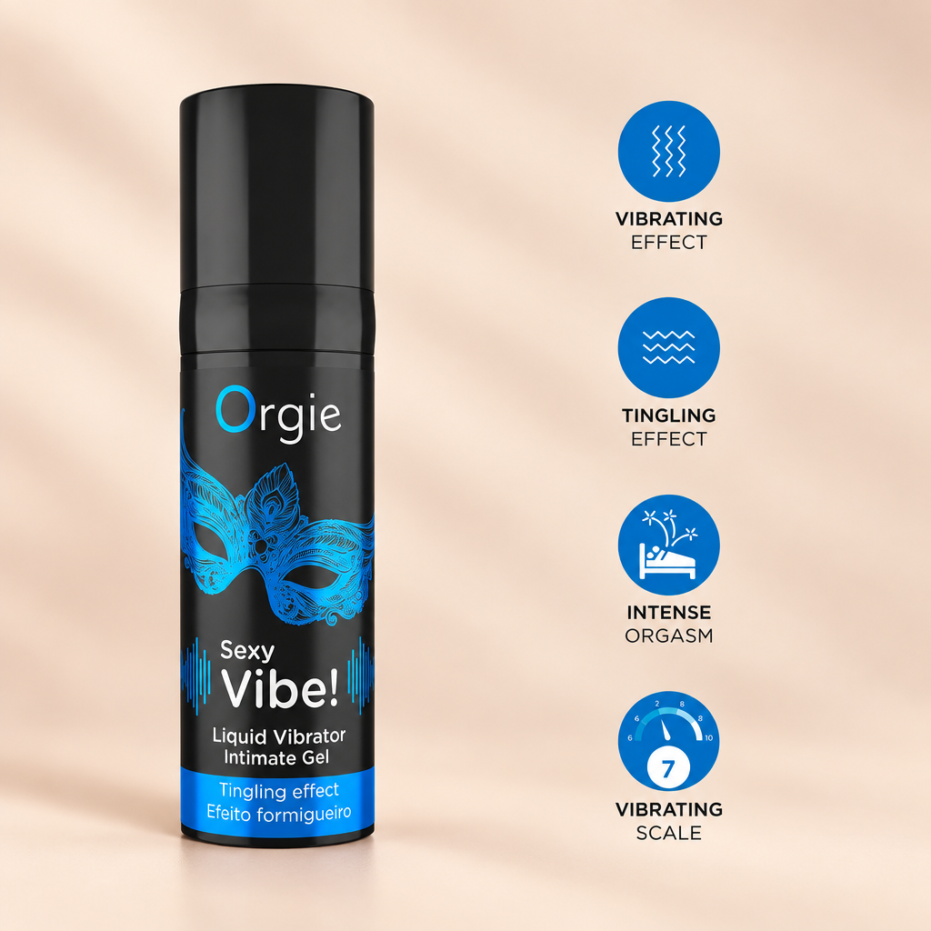 Flacon Orgie Sexy Vibe et ses pictogrammes : effet vibrant, picotant, intensité 7/10, sur fond crème
