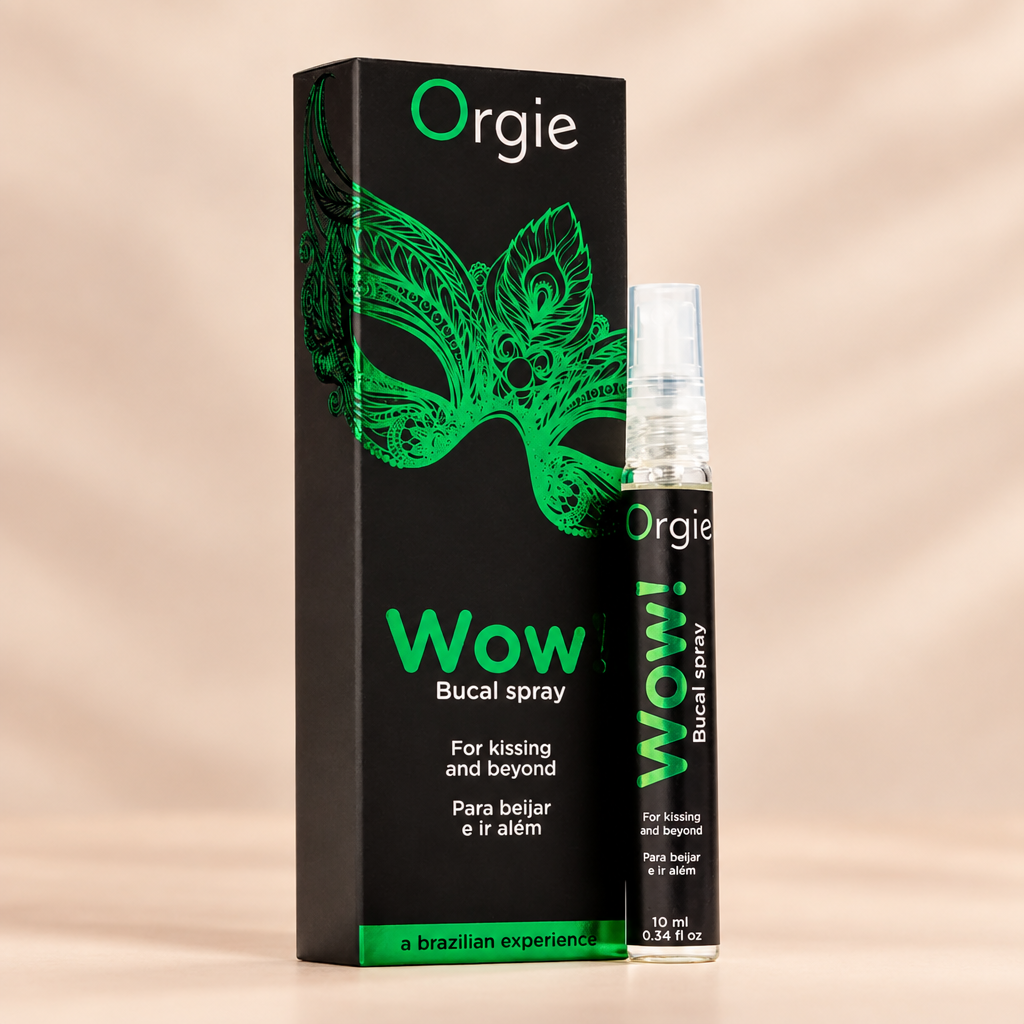 Spray buccal Orgie Wow! 10 ml avec sa boîte, sur fond crème