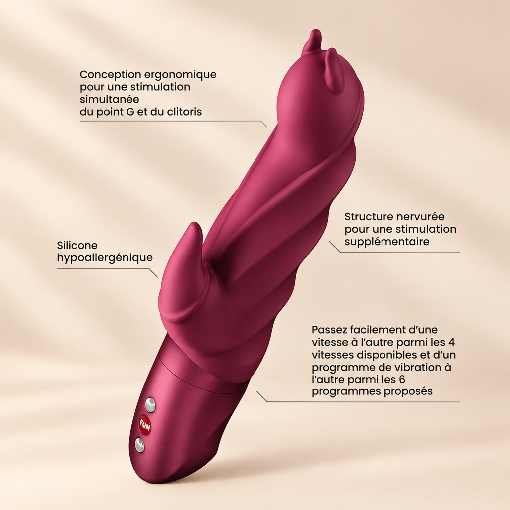 Darling Devil : stimulation point G et clitoris, silicone hypoallergénique, structure nervurée, 4 vitesses et 6 programmes