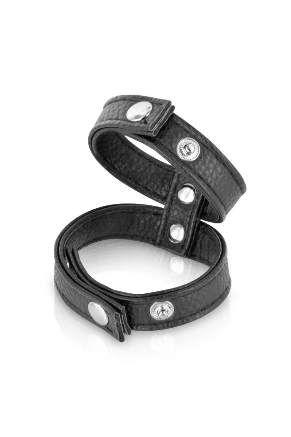 Double cockring noir aspect cuir Fetish Tentation avec boutons-pression métalliques