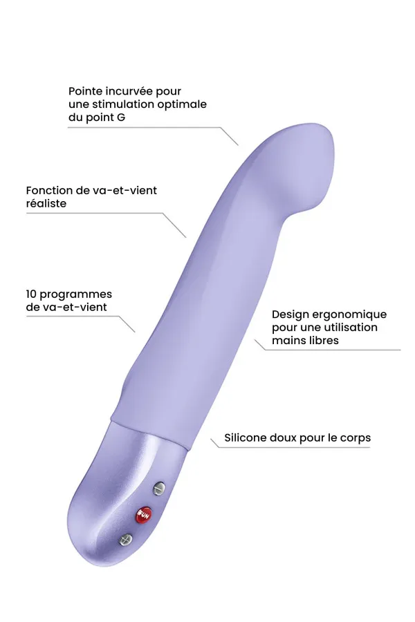 Infographie des caractéristiques du pulsateur point G STRONIC G : tête incurvée, va-et-vient, 10 programmes, silicone doux