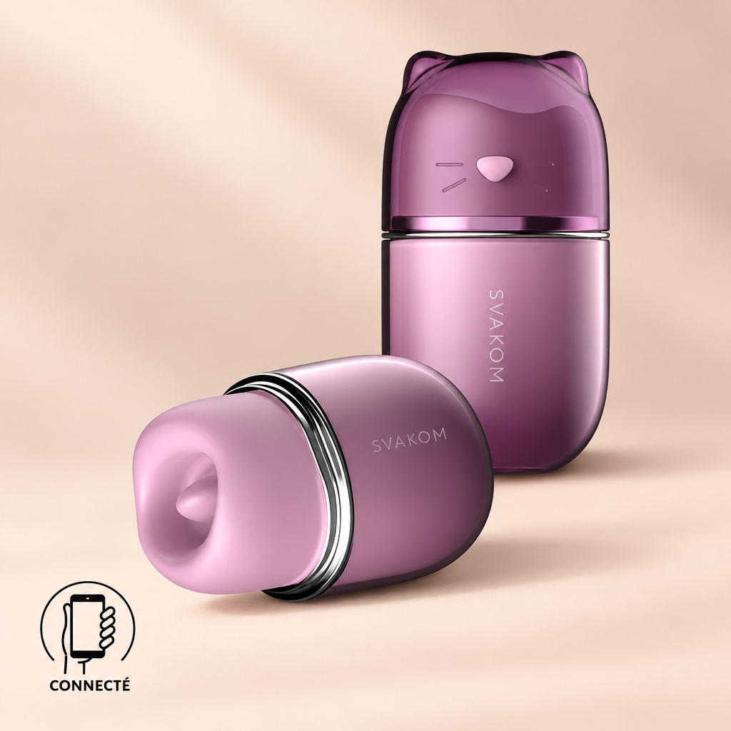 Stimulateur clitoridien Klitty SVAKOM violet en forme de chat, ouvert et fermé, sur fond crème