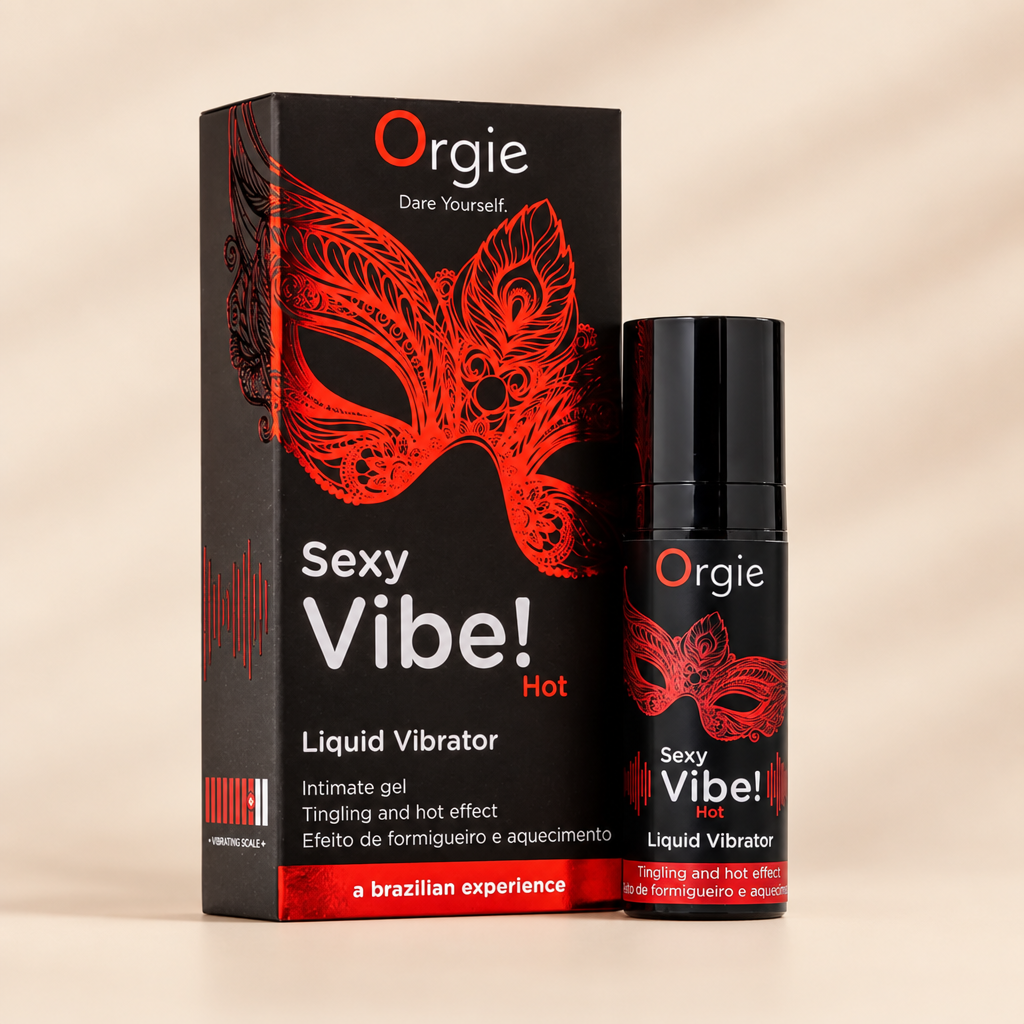 Gel chauffant Orgie Sexy Vibe Hot 15 ml avec sa boîte, sur fond crème