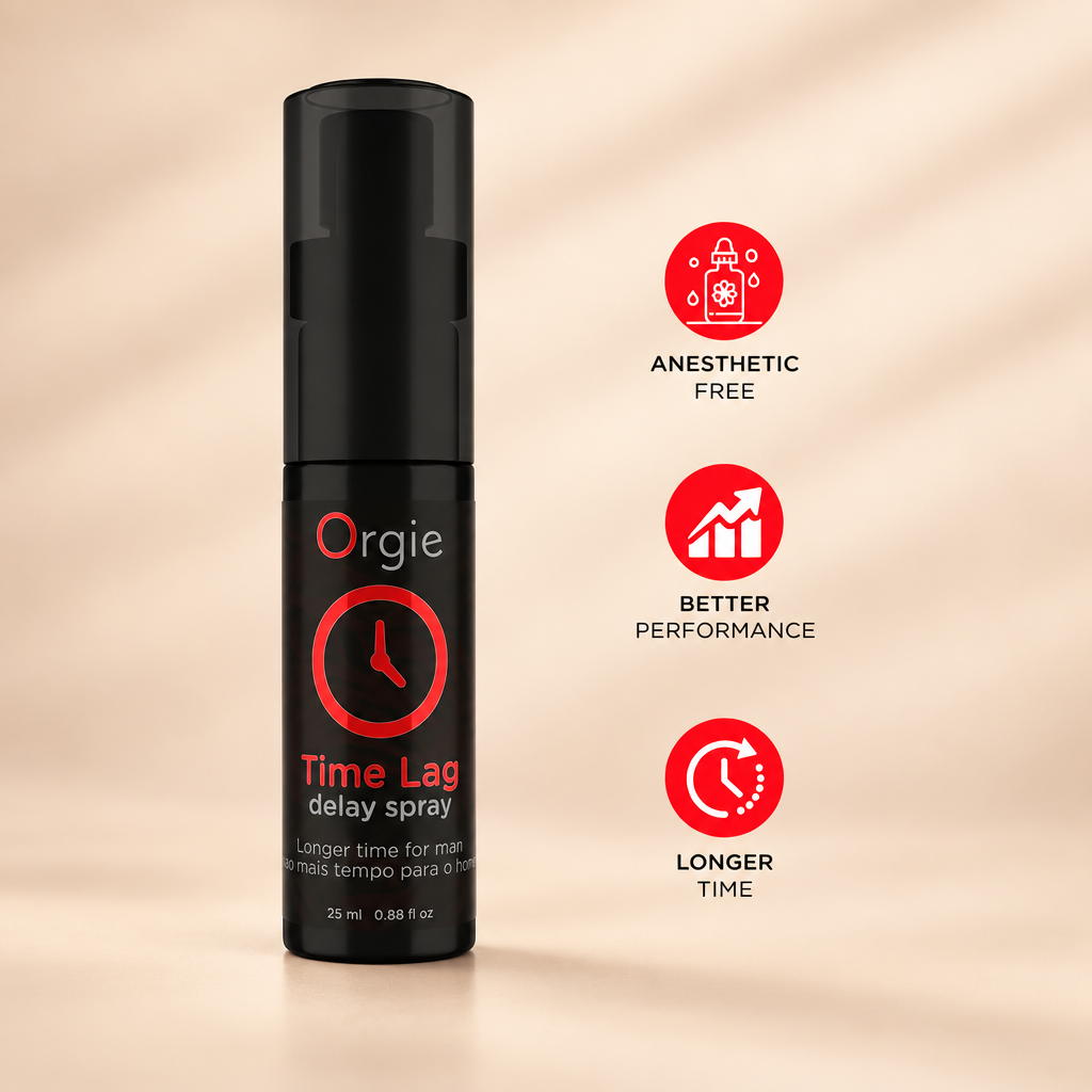 Flacon Orgie Time Lag delay spray et ses pictogrammes, sur fond crème