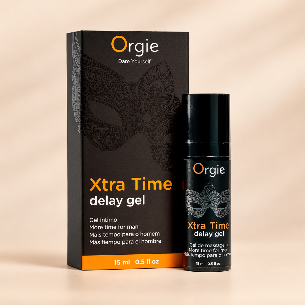Gel retardant Orgie Xtra Time delay gel 15 ml avec sa boîte, sur fond crème