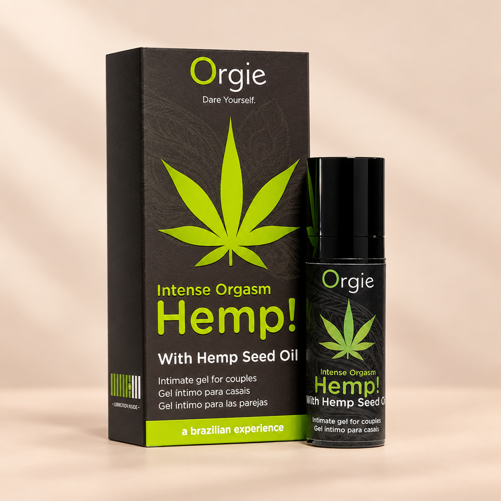 Gel intime Orgie Hemp à l’huile de graines de chanvre, 15 ml, avec sa boîte, sur fond crème