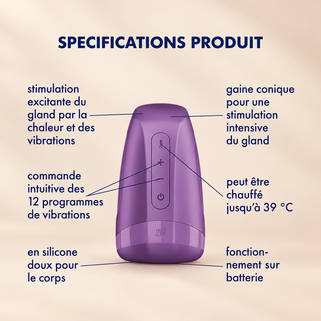 Spécifications Men Heat Vibration : chaleur jusqu’à 39 °C, gaine conique, silicone doux, fonctionnement sur piles