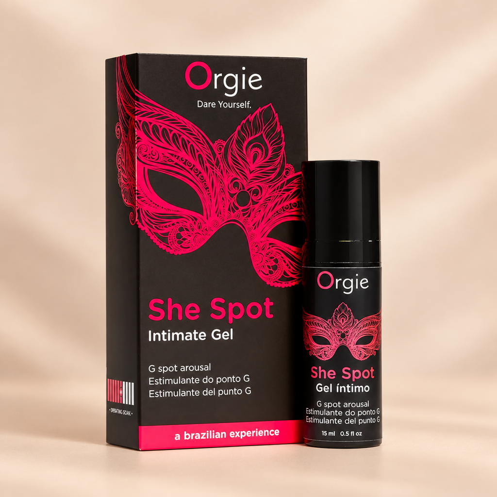 Gel intime Orgie She Spot 15 ml avec sa boîte, sur fond crème
