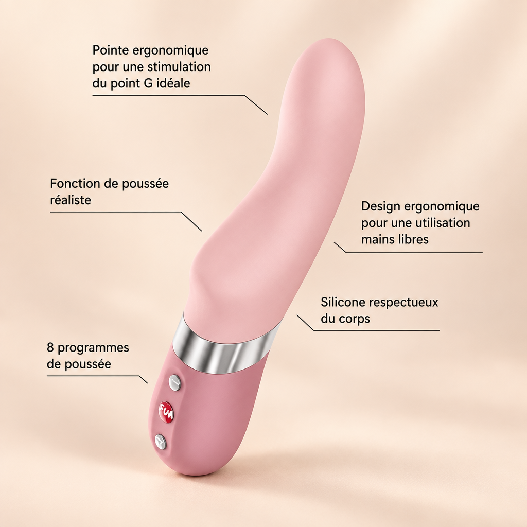 Stronic Oceania : pointe ergonomique point G, fonction de poussée réaliste, silicone respectueux du corps, sur fond crème