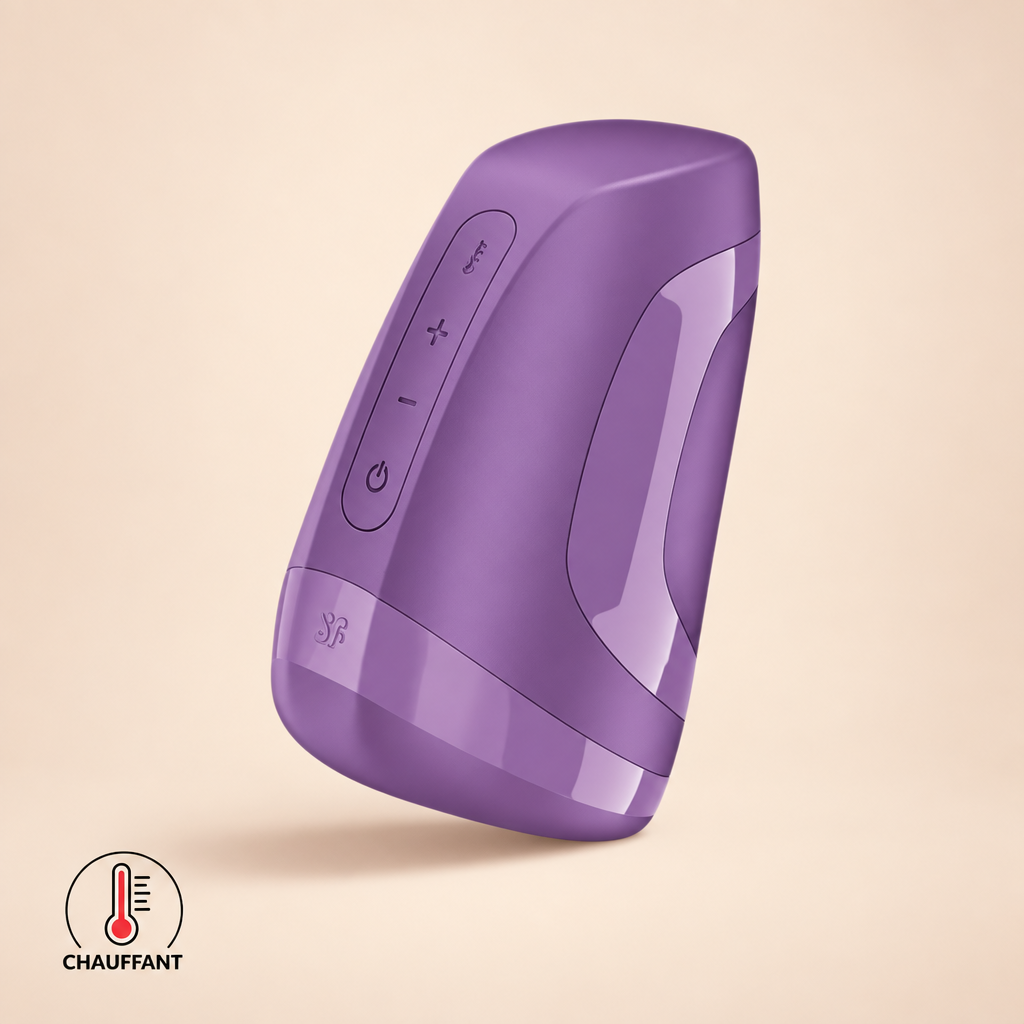 Masturbateur chauffant Satisfyer Men Heat Vibration violet sur fond crème