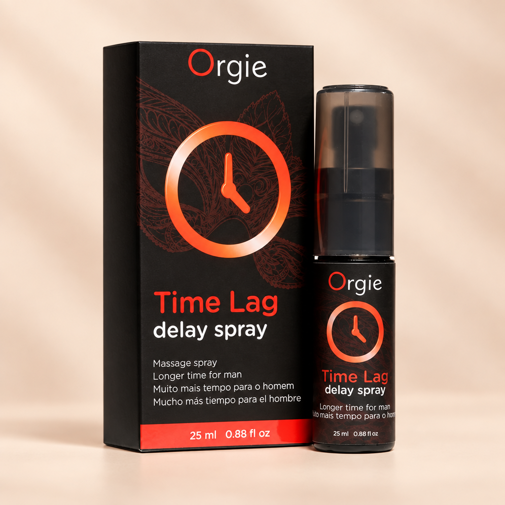 Spray retardateur Orgie Time Lag 25 ml avec sa boîte, sur fond crème