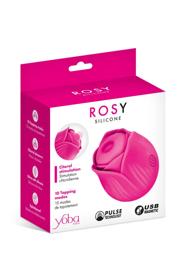 Packaging rose et blanc du stimulateur Rosy Yoba présentant ses 10 modes de tapotements