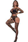 Ensemble sexy en résille noire, top manches longues et collants façon porte-jarretelles, vue de face
