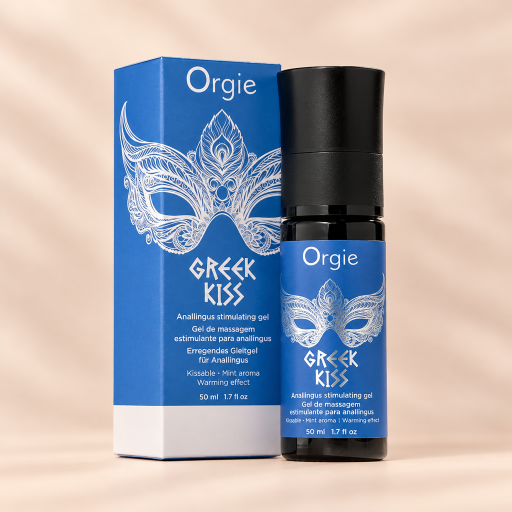 Gel stimulant Orgie Greek Kiss 50 ml avec sa boîte, sur fond crème