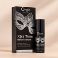 Sérum retardant Orgie Xtra Time 15 ml avec sa boîte, sur fond crème