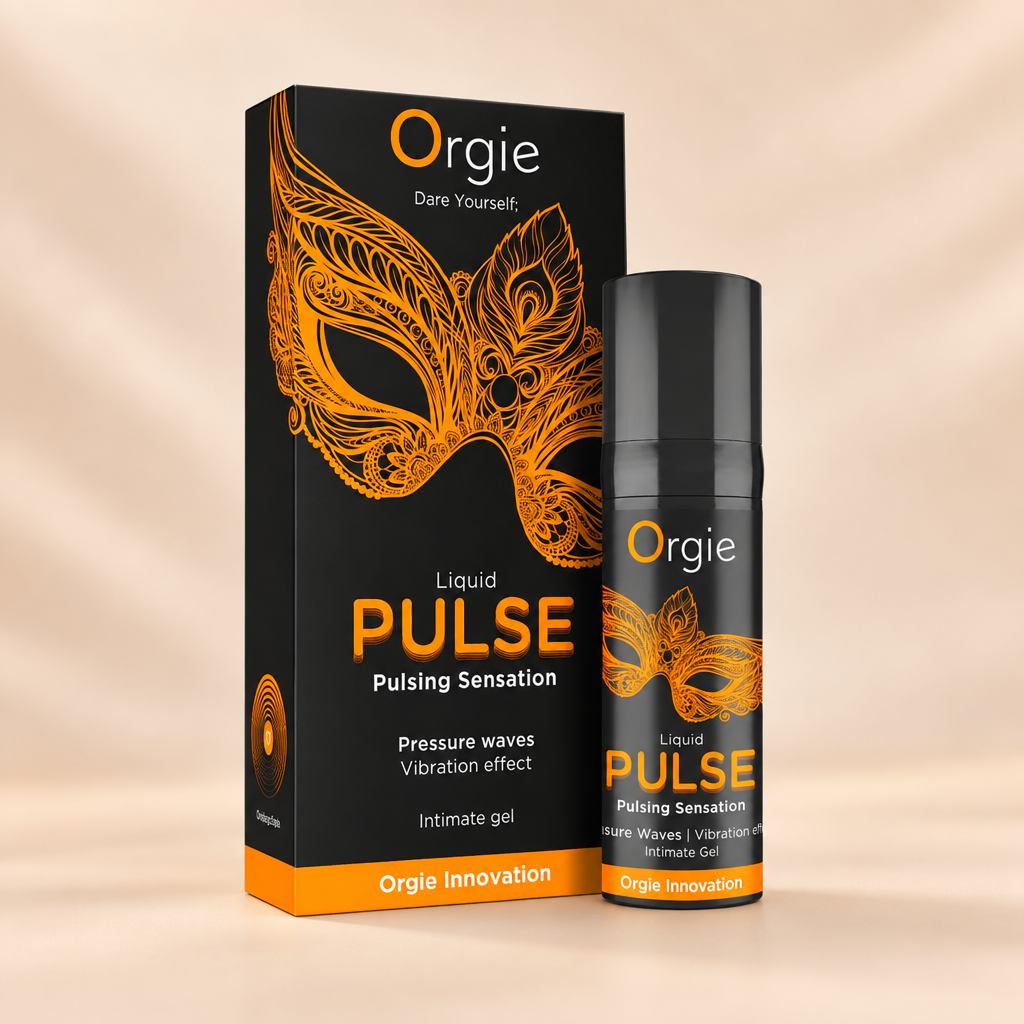 Gel stimulant Orgie Liquid Pulse 15 ml avec sa boîte, sur fond crème